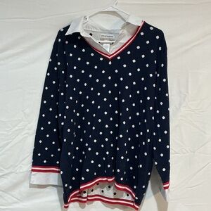 Alfred Dunner Navy V-Neck Sweater with White Polka Dots and Red Trim